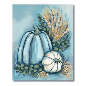 Fall Blue Pumpkin Painted Canvas Wall Art Shabby Chic Signed Sara Baker
